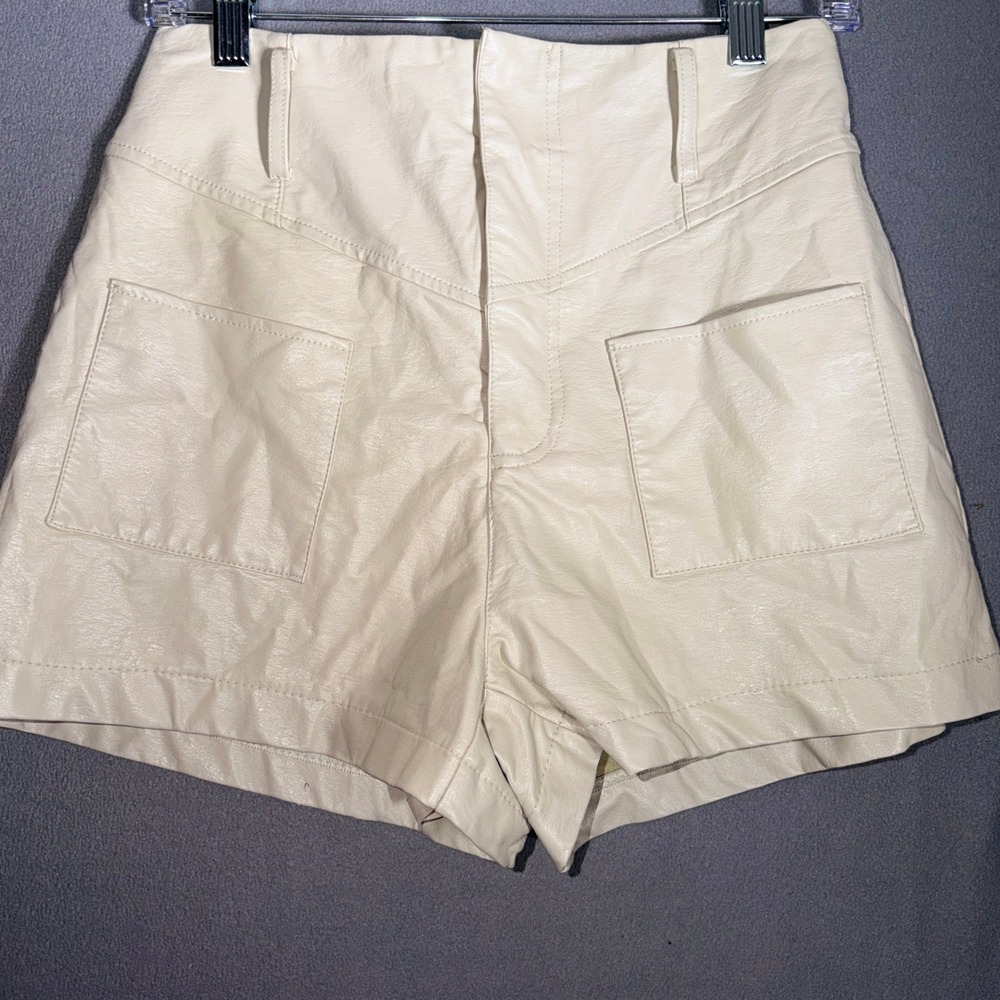 Olivaceous Small Faux Leather High Waisted Shorts Cream Neutral Minimalist Chic